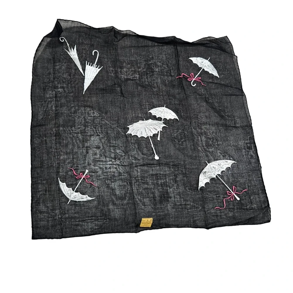 Vintage 60 Kimball Switzerland Embroidered Scarf Black White Umbrellas Pink Bows